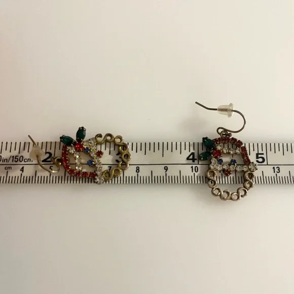 Holiday Christmas Vintage Santa Clause Stocking Gem Rhinestone Earrings - Picture 11 of 16